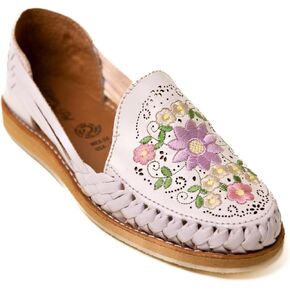 Mexico en la Piel Handcrafted White Leather Flat Sandals for Women – Slip-On with Floral Embroidery, Water-Resistant, Comfortable, Durable