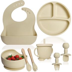 Bluet B- Silicone Baby Feeding Set - Baby Led Weaning Supplies - Baby Spoons, Suction Bowl - Plate - Baby Utensils Set - Silicone Feeding Set for Baby First Foods, Infant Eating - 8pcs - Light Blue