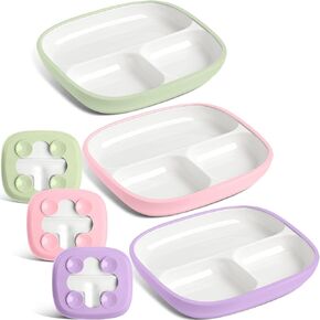 Domensi 3 Set Kids Porcelain Plates with Silicone Sleeves 8.2 inch Divided Porcelain Plate Toddler Suction Plates White Porcelain Dishes for Baby Hassle-Free Eating Microwave Dishwasher Safe(Bright)