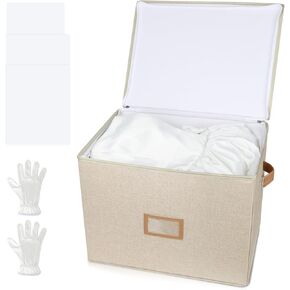 Wedding Dress Storage Box, Wedding Dress Preservation Box with Lid, Foldable Acid-Free Organizer with 1 Pair of Microfiber Gloves and 20 Sheets of Acid-Free Paper (1, Medium)
