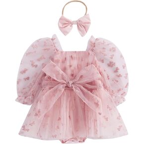 Baby Girl Romper Dress Bow Puff Sleeve Mesh Tulle Dresses Newborn Fall Winter Spring Summer Clothes Outfit