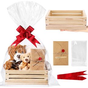 Wonderjune Wooden Gift Basket with Cellophane Bag Ribbon Greeting Card, Empty Wood Basket for Birthdays Baby Shower Mother's Day Housewarming Gifts Packaging(Brown,Large)