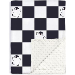 Baby Blanket for Boys Soft Lightweight Minky Blanket with Double Layer Dotted Backing, Checkered Blanket with Cute Penguin Designfor Infant Toddler Nursery Blue 30 x 40 Inch