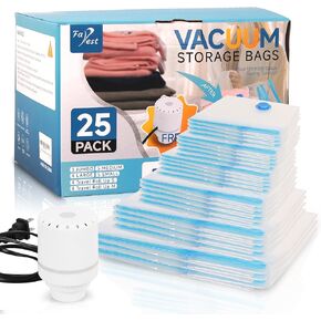 25 Pack Vacuum Storage Bags with Electric Air Pump, Space Saver Bags (3 Jumbo/4 Large/5 Medium/5 Small/4 Roll M/4 Roll S) Vacuum Sealer Bags for Clothes, Blanket, Duvets, Pillows, Comforters, Travel