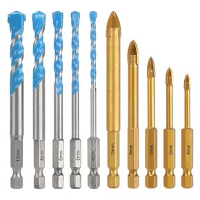 COMOWARE Concrete Drill Bit Set & Masonry Drill Bit Set, Tile Drill Bits with Hex Shank (10pcs) for Glass/Brick/Plastic/Cement, Durable Carbide Drill Bits, 5/32"-3/8" Box of 10