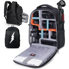 RAINSMORE Camera Bag Camera Backpack for DSLR/SLR Mirrorless Camera 15.6 Inch Laptop Camera Backpack for Photographers Anti-theft Camera Case Photography Backpack with Rain Cover, Tripod Holder, Black