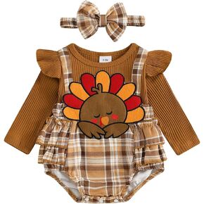 Baby Girls Thanksgiving Turkey Romper Plaid Print Long Sleeve Jumpsuits Cute Headband Set for Toddler Infant