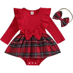 MERSARIPHY Baby Girl Fall Winter Outfits Plaid Christmas Romper Newborn Dress Infant Lace Ruffle Ribbed Knit Cute Clothes Set