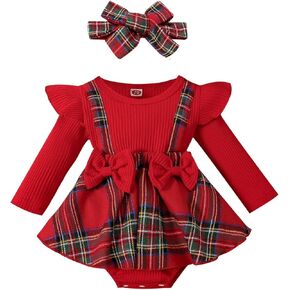 MERSARIPHY Baby Girl Fall Winter Outfits Plaid Christmas Romper Newborn Dress Infant Lace Ruffle Ribbed Knit Cute Clothes Set
