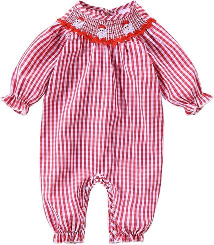 Chloefairy Newborn Baby Girl Christmas Smocked Romper Santa Plaid Jumpsuit Puff Long Sleeve Playsuit Infant Fall Xmas Outfit in Kuwait