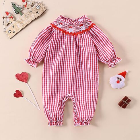 Chloefairy Newborn Baby Girl Christmas Smocked Romper Santa Plaid Jumpsuit Puff Long Sleeve Playsuit Infant Fall Xmas Outfit in Kuwait