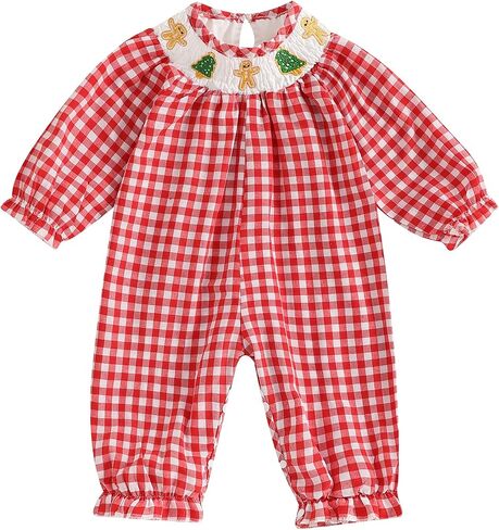 Chloefairy Newborn Baby Girl Christmas Smocked Romper Santa Plaid Jumpsuit Puff Long Sleeve Playsuit Infant Fall Xmas Outfit in Kuwait
