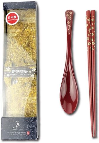 Premium Japanese Chopsticks with Spoon Reusable [ Made in Japan ] Traditional Lacquer Art Wooden Chopsticks (Gold Flower BK(YM2001)) in Kuwait