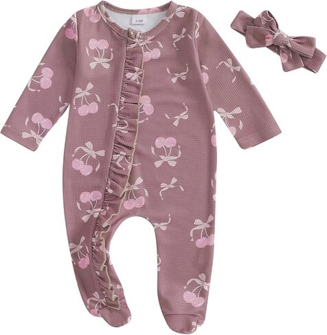 Nebworn Baby Girl Footie Jumpsuit Long Sleeve Ruffle One Piece Waffle Romper Bodysuit Coming Home Fall Clothes Set in Kuwait