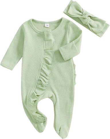 Nebworn Baby Girl Footie Jumpsuit Long Sleeve Ruffle One Piece Waffle Romper Bodysuit Coming Home Fall Clothes Set in Kuwait