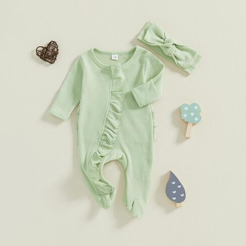 Nebworn Baby Girl Footie Jumpsuit Long Sleeve Ruffle One Piece Waffle Romper Bodysuit Coming Home Fall Clothes Set in Kuwait