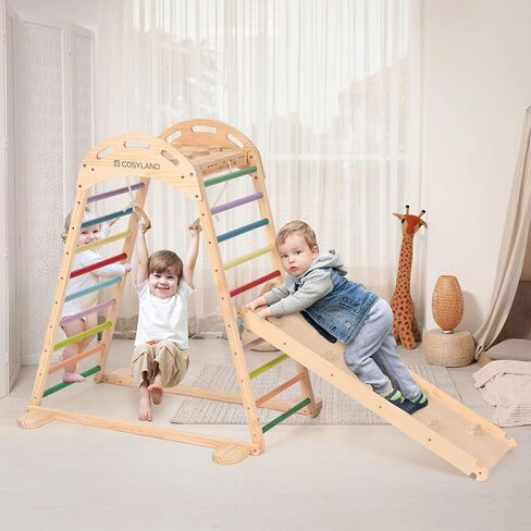 COSYLAND Indoor Playground Jungle Gym Playset for Kids,High Level Pre-Installed Wooden Climbing Set with Slide,Kids Indoor Climbing Set(Rainbow) in Saudi Arabia