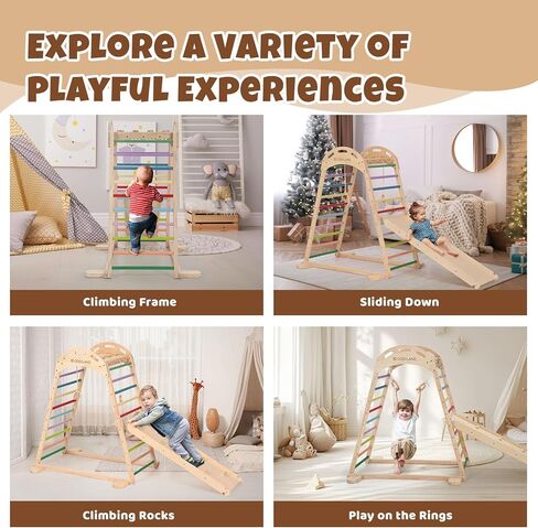 COSYLAND Indoor Playground Jungle Gym Playset for Kids,High Level Pre-Installed Wooden Climbing Set with Slide,Kids Indoor Climbing Set(Rainbow) in Saudi Arabia