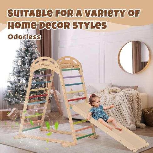 COSYLAND Indoor Playground Jungle Gym Playset for Kids,High Level Pre-Installed Wooden Climbing Set with Slide,Kids Indoor Climbing Set(Rainbow) in Saudi Arabia
