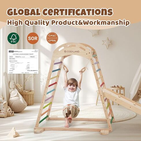 COSYLAND Indoor Playground Jungle Gym Playset for Kids,High Level Pre-Installed Wooden Climbing Set with Slide,Kids Indoor Climbing Set(Rainbow) in Saudi Arabia