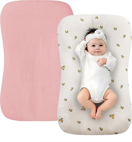 Muslin Baby Lounger Cover, 2 Pack 100% Cotton Soft and Breathable Infant Lounger Cover for Babies 0-24 Months, Removable Newborn Lounger Slipcover Replacement for Boys Girls (Olive Flower,Pink) in Saudi Arabia
