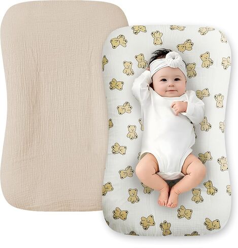 Muslin Baby Lounger Cover, 2 Pack 100% Cotton Soft and Breathable Infant Lounger Cover for Babies 0-24 Months, Removable Newborn Lounger Slipcover Replacement for Boys Girls (Olive Flower,Pink) in Saudi Arabia