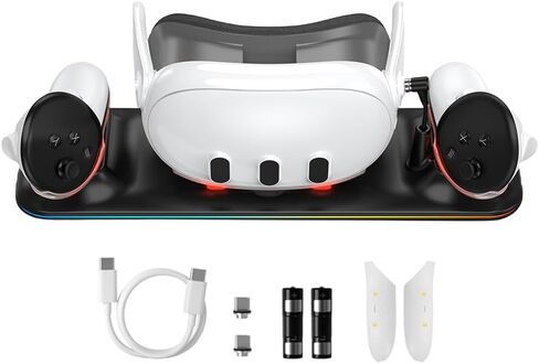 Charging Dock for Meta Quest 3, VR Magnetic Charging Station with LED Light for Oculus Quest 3 Accessories, Charger Display Stand with 2 Rechargeable Batteries, USB-C Cable, Black in Saudi Arabia