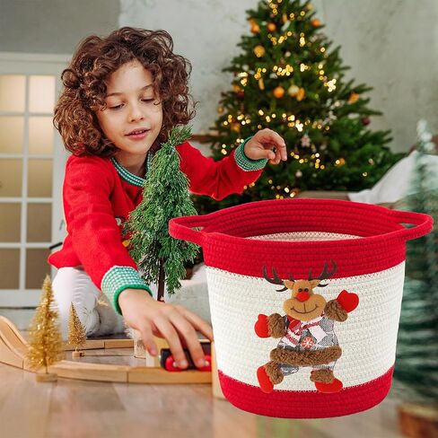 Christmas Gift Baskets Empty, Christmas Decoration Storage Basket with Handle, Baby Gift Basket for Toys, Towels, Diapers, Woven Cotton Rope Basket With Christmas Snowman, Red in Saudi Arabia
