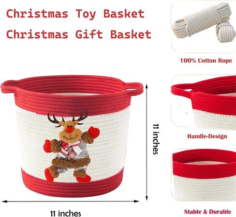 Christmas Gift Baskets Empty, Christmas Decoration Storage Basket with Handle, Baby Gift Basket for Toys, Towels, Diapers, Woven Cotton Rope Basket With Christmas Snowman, Red in Saudi Arabia