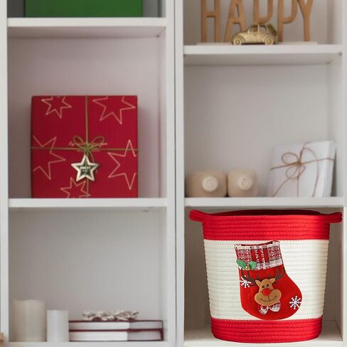 Woven Cotton Rope Basket with Christmas stocking of Reindeer, Christmas Decoration Storage Basket with Handle, Baby Christmas Gift Basket for Toys, Towels, Diapers, Red in Saudi Arabia