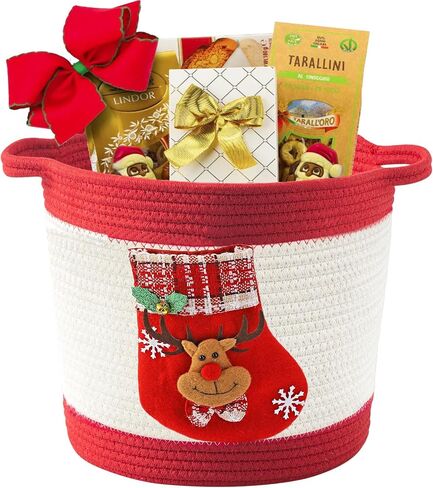 Woven Cotton Rope Basket with Christmas stocking of Reindeer, Christmas Decoration Storage Basket with Handle, Baby Christmas Gift Basket for Toys, Towels, Diapers, Red in Saudi Arabia