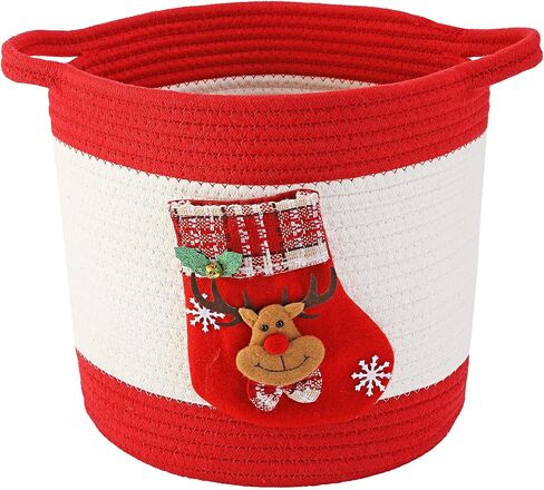 Woven Cotton Rope Basket with Christmas stocking of Reindeer, Christmas Decoration Storage Basket with Handle, Baby Christmas Gift Basket for Toys, Towels, Diapers, Red in Saudi Arabia
