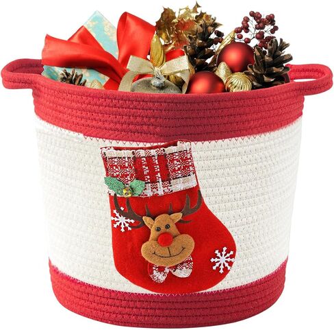 Woven Cotton Rope Basket with Christmas stocking of Reindeer, Christmas Decoration Storage Basket with Handle, Baby Christmas Gift Basket for Toys, Towels, Diapers, Red in Saudi Arabia