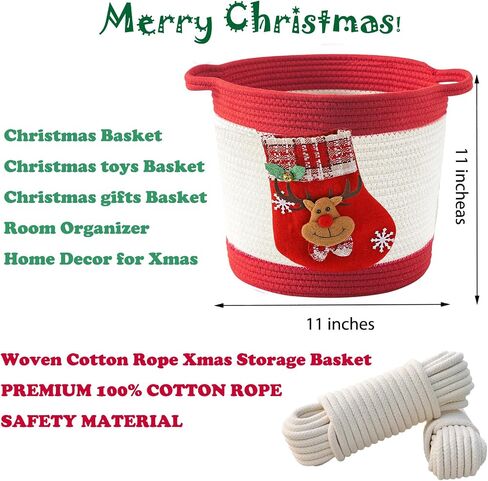 Woven Cotton Rope Basket with Christmas stocking of Reindeer, Christmas Decoration Storage Basket with Handle, Baby Christmas Gift Basket for Toys, Towels, Diapers, Red in Saudi Arabia