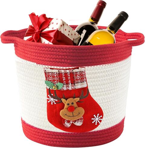 Woven Cotton Rope Basket with Christmas stocking of Reindeer, Christmas Decoration Storage Basket with Handle, Baby Christmas Gift Basket for Toys, Towels, Diapers, Red in Saudi Arabia