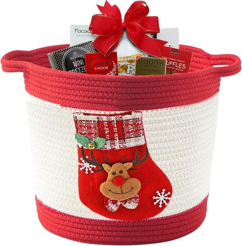 Woven Cotton Rope Basket with Christmas stocking of Reindeer, Christmas Decoration Storage Basket with Handle, Baby Christmas Gift Basket for Toys, Towels, Diapers, Red in Saudi Arabia