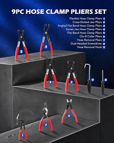 Orion Motor Tech 9pc Hose Clamp Pliers, Hose Clamp Remover Kit with Flexible Wire Long Reach Hose Clamp Clic R Type Swivel Jaw and Flat Band Pliers for Coolant Radiator Heater and Water Hose in Kuwait