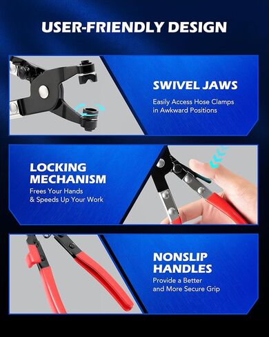 Orion Motor Tech 9pc Hose Clamp Pliers, Hose Clamp Remover Kit with Flexible Wire Long Reach Hose Clamp Clic R Type Swivel Jaw and Flat Band Pliers for Coolant Radiator Heater and Water Hose in Kuwait
