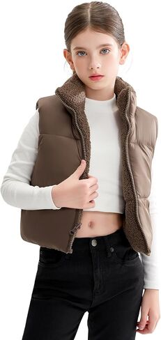 SOLOCOTE Girls’ Winter Reversible Vest Puffy Hooded Sherpa Lining Waistcoat Thick Sleeveless Jacket for Kids in Saudi Arabia
