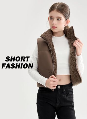 SOLOCOTE Girls’ Winter Reversible Vest Puffy Hooded Sherpa Lining Waistcoat Thick Sleeveless Jacket for Kids in Saudi Arabia