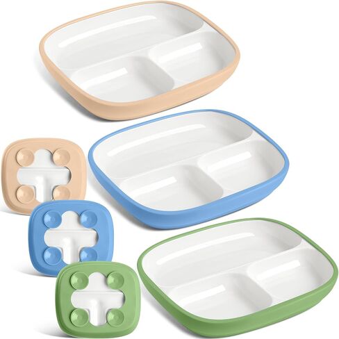 Domensi 3 Set Kids Porcelain Plates with Silicone Sleeves 8.2 inch Divided Porcelain Plate Toddler Suction Plates White Porcelain Dishes for Baby Hassle-Free Eating Microwave Dishwasher Safe(Bright) in Saudi Arabia