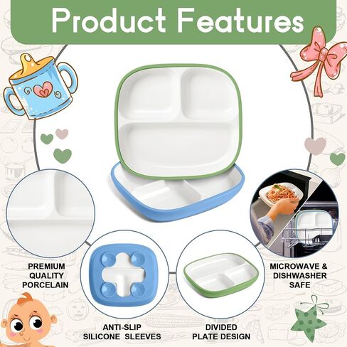Domensi 3 Set Kids Porcelain Plates with Silicone Sleeves 8.2 inch Divided Porcelain Plate Toddler Suction Plates White Porcelain Dishes for Baby Hassle-Free Eating Microwave Dishwasher Safe(Bright) in Saudi Arabia