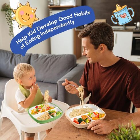 Domensi 3 Set Kids Porcelain Plates with Silicone Sleeves 8.2 inch Divided Porcelain Plate Toddler Suction Plates White Porcelain Dishes for Baby Hassle-Free Eating Microwave Dishwasher Safe(Bright) in Saudi Arabia
