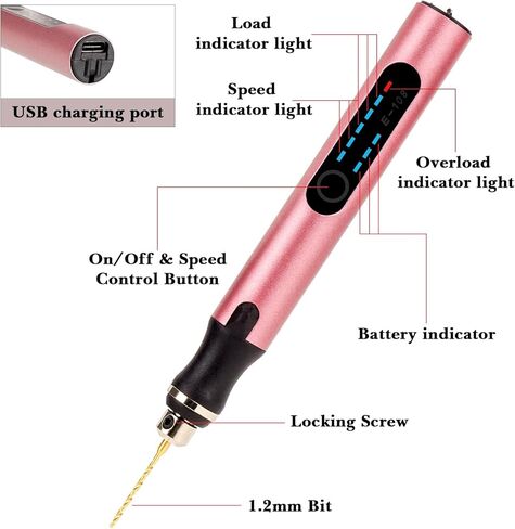 3-Speed Cordless Mini Drill Pen with 10 Small Drill Bits, Rechargeable Electric Hand Drill, Resin Drill Set for Jewelry Making Plastic Wood Keychains DIY (Rose Gold) in Kuwait