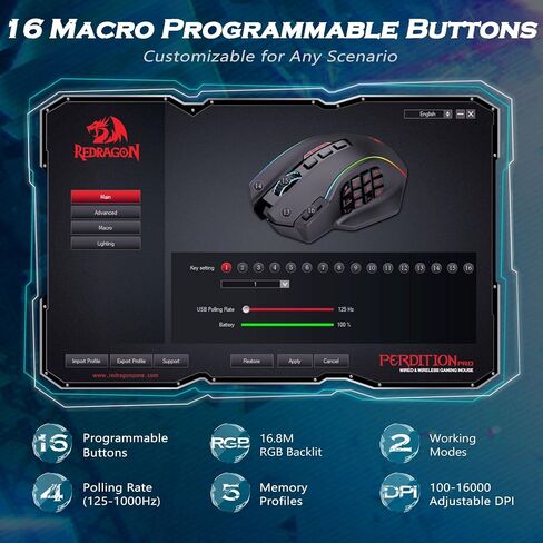 ماوس ألعاب Redragon اللاسلكي، ماوس ألعاب MMO يصل إلى 16000 نقطة لكل بوصة، 19 زرًا ماكرو قابل للبرمجة، ماوس ألعاب RGB قابل لإعادة الشحن مع 12 زرًا جانبيًا، 70 ساعة للكمبيوتر المحمول MOBA FPS، M901P-KS in Kuwait