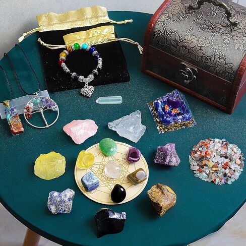 مجموعة 28 قطعة من بلورات الشفاء الطبيعية وبلورات الشفاء الحجرية مع هرم الكوارتز الوردي وقلادة وبندول، و7 بلورات خام و7 أحجار شاكرا متدحرجة، هدايا للمبتدئين من الكريستال in Kuwait