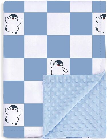 Baby Blanket for Boys Soft Lightweight Minky Blanket with Double Layer Dotted Backing, Checkered Blanket with Cute Penguin Designfor Infant Toddler Nursery Blue 30 x 40 Inch in Saudi Arabia