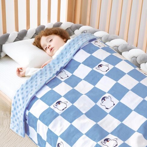 Baby Blanket for Boys Soft Lightweight Minky Blanket with Double Layer Dotted Backing, Checkered Blanket with Cute Penguin Designfor Infant Toddler Nursery Blue 30 x 40 Inch in Saudi Arabia