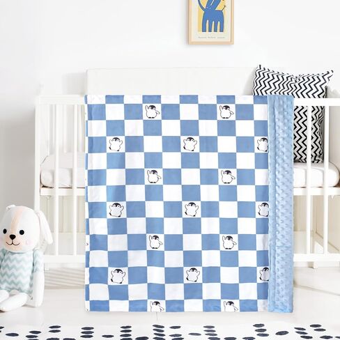 Baby Blanket for Boys Soft Lightweight Minky Blanket with Double Layer Dotted Backing, Checkered Blanket with Cute Penguin Designfor Infant Toddler Nursery Blue 30 x 40 Inch in Saudi Arabia