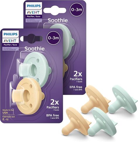 Philips Avent Soothie 0-3 Months Orthodontic Baby Pacifiers, 100% Silicone Pacifiers, One Piece, BPA-Free, 2 Lilac and 2 Pink, 4 Pack, Model SCF190/70 in Saudi Arabia